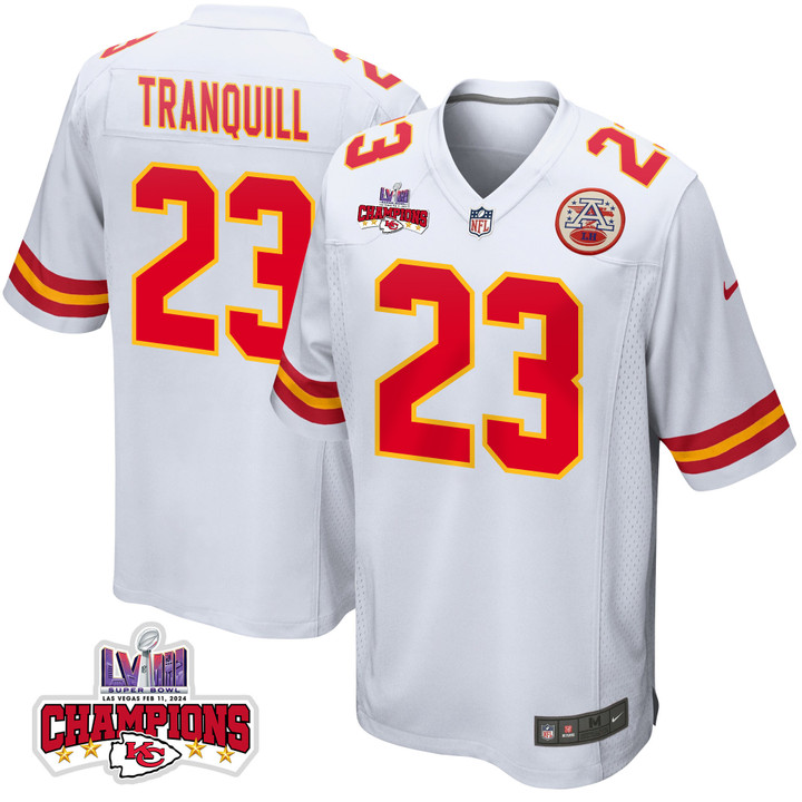 Drue Tranquill 23 Kansas City Chiefs Super Bowl LVIII Champions 4 Stars Patch Game Men Jersey - White