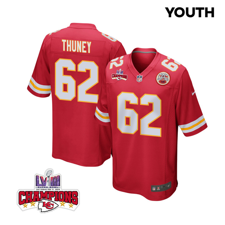 Joe Thuney 62 Kansas City Chiefs Super Bowl LVIII Champions 4 Stars Patch Game YOUTH Jersey - Red