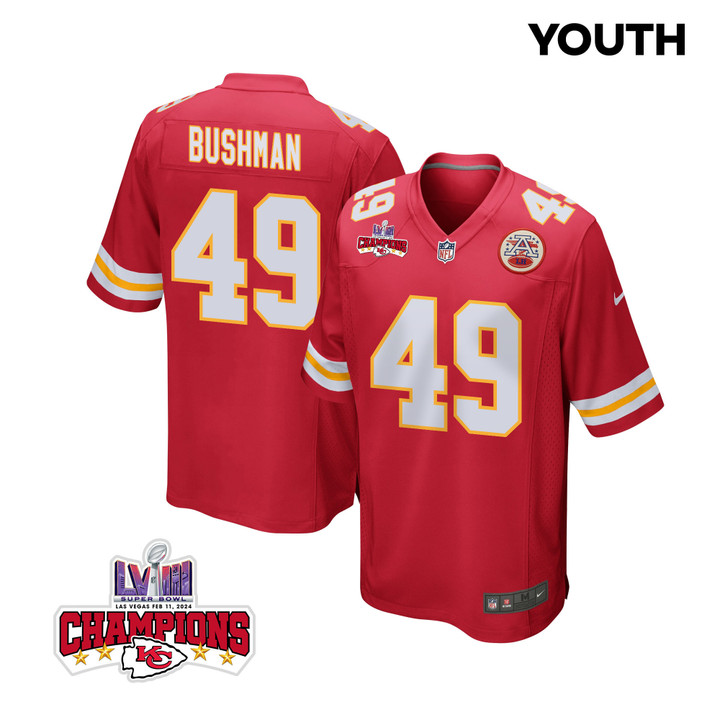 Matt Bushman 49 Kansas City Chiefs Super Bowl LVIII Champions 4 Stars Patch Game YOUTH Jersey - Red