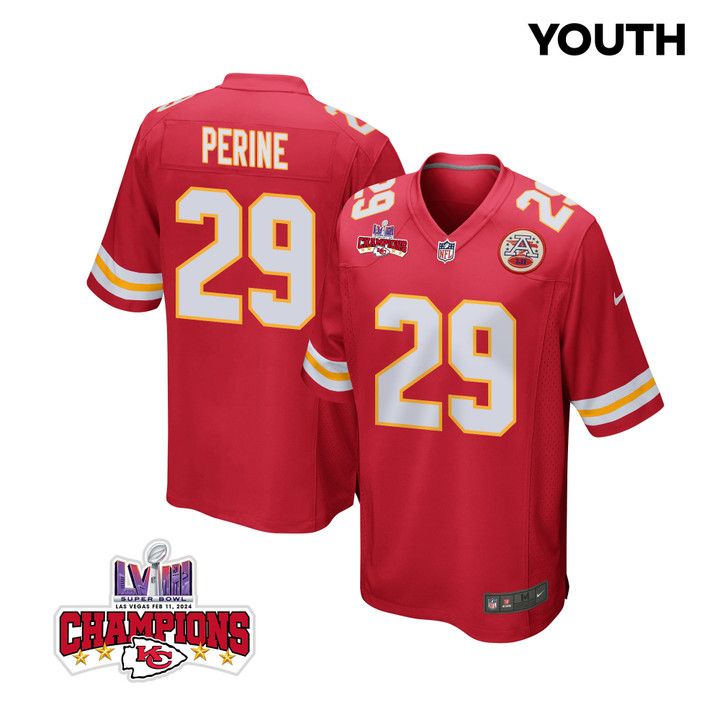 La'Mical Perine 29 Kansas City Chiefs Super Bowl LVIII Champions 4 Stars Patch Game YOUTH Jersey - Red