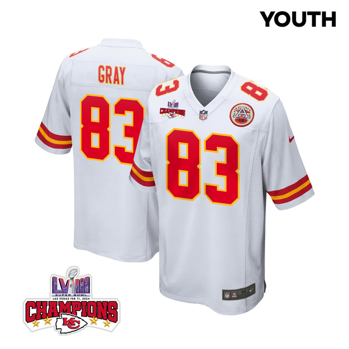 Noah Gray 83 Kansas City Chiefs Super Bowl LVIII Champions 4 Stars Patch Game YOUTH Jersey - White