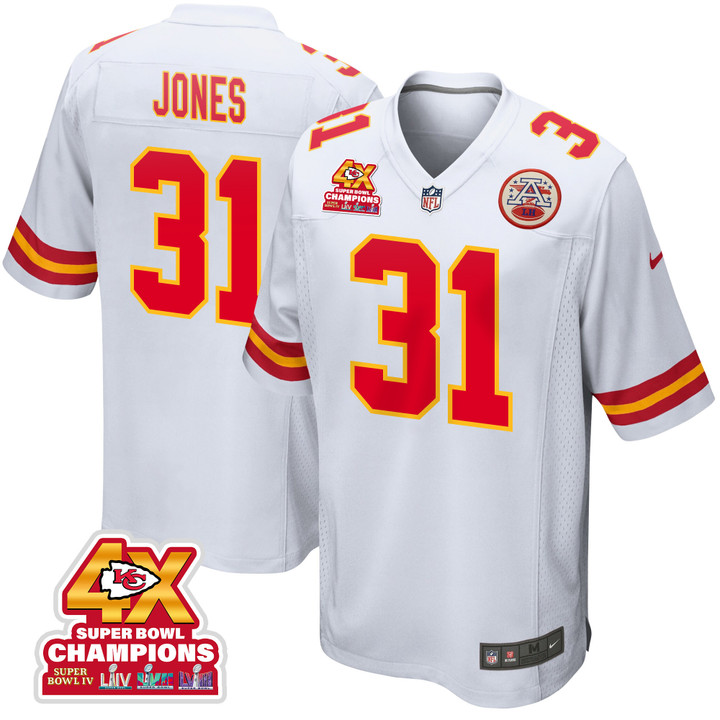 Nic Jones 31 Kansas City Chiefs Super Bowl LVIII Champions 4X Game Men Jersey - White
