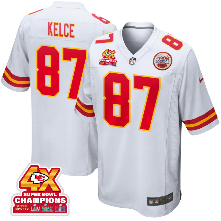Travis Kelce 87 Kansas City Chiefs Super Bowl LVIII Champions 4X Game Men Jersey - White