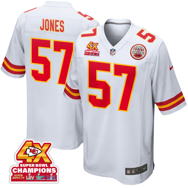 Truman Jones 57 Kansas City Chiefs Super Bowl LVIII Champions 4X Game Men Jersey - White