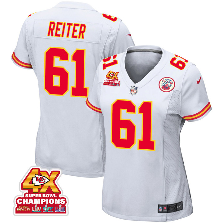 Austin Reiter 61 Kansas City Chiefs Super Bowl LVIII Champions 4X Game Women Jersey - White