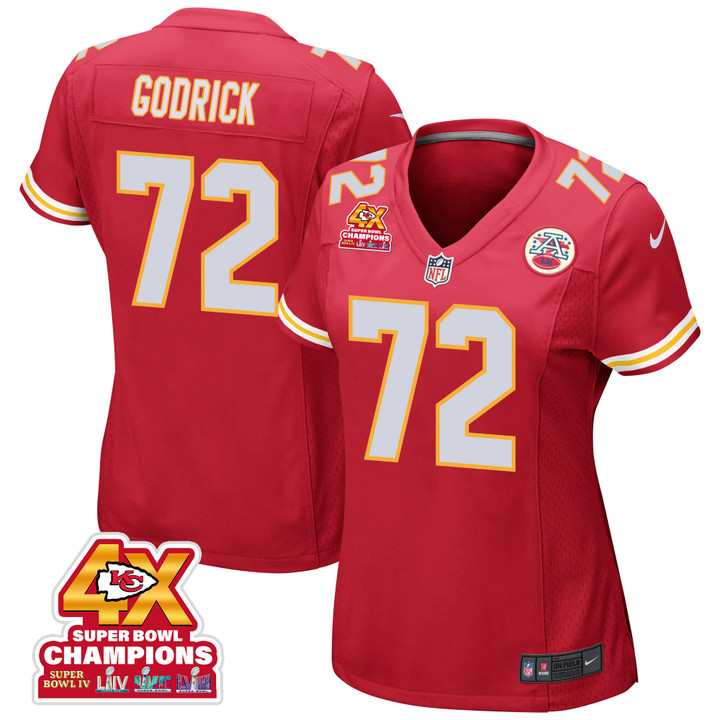 Chukwuebuka Godrick 72 Kansas City Chiefs Super Bowl LVIII Champions 4X Game Women Jersey - Red