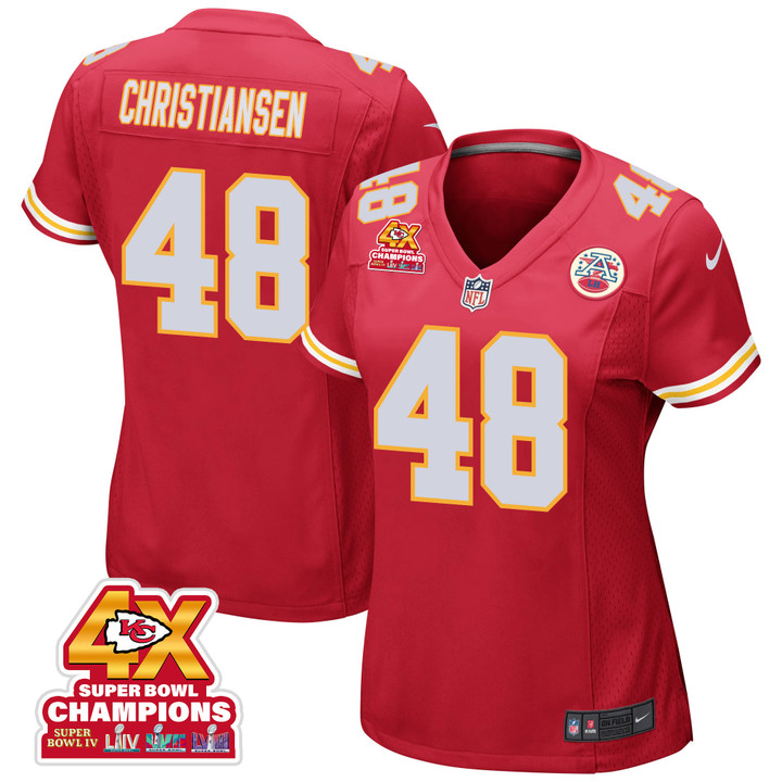Cole Christiansen 48 Kansas City Chiefs Super Bowl LVIII Champions 4X Game Women Jersey - Red