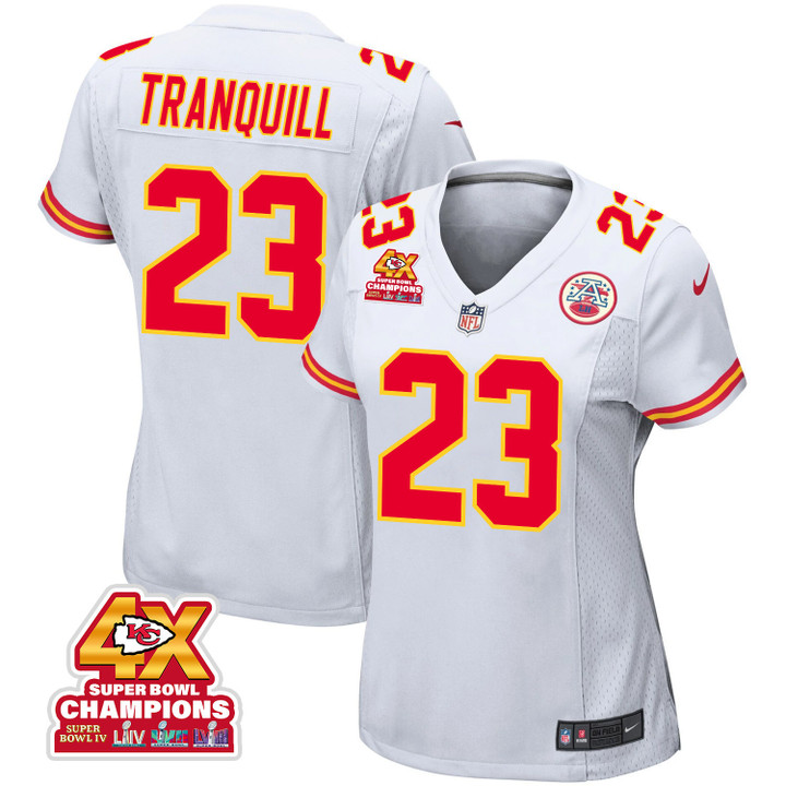 Drue Tranquill 23 Kansas City Chiefs Super Bowl LVIII Champions 4X Game Women Jersey - White