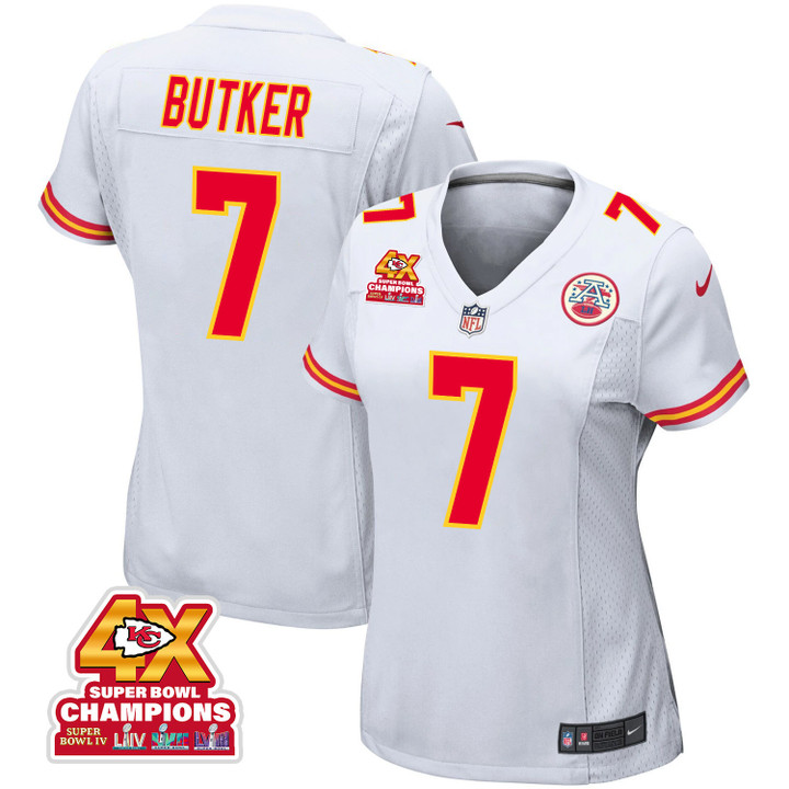 Harrison Butker 7 Kansas City Chiefs Super Bowl LVIII Champions 4X Game Women Jersey - White
