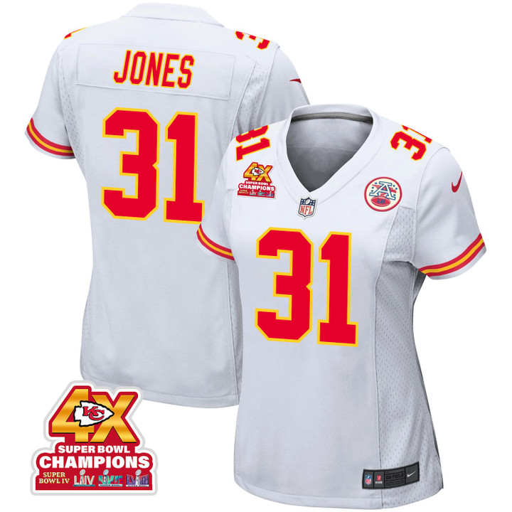 Nic Jones 31 Kansas City Chiefs Super Bowl LVIII Champions 4X Game Women Jersey - White