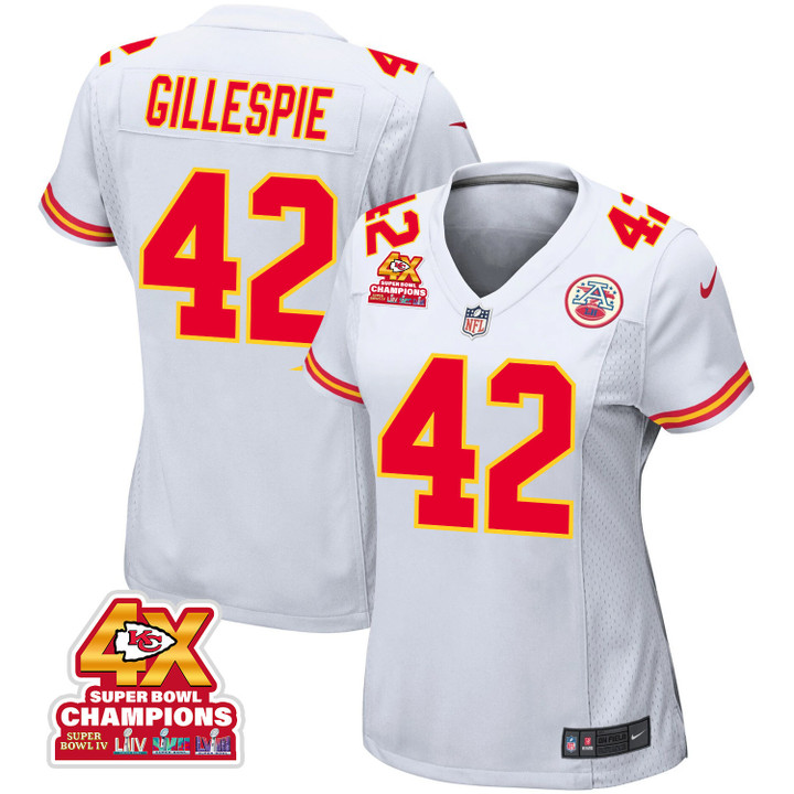Tyree Gillespie 42 Kansas City Chiefs Super Bowl LVIII Champions 4X Game Women Jersey - White