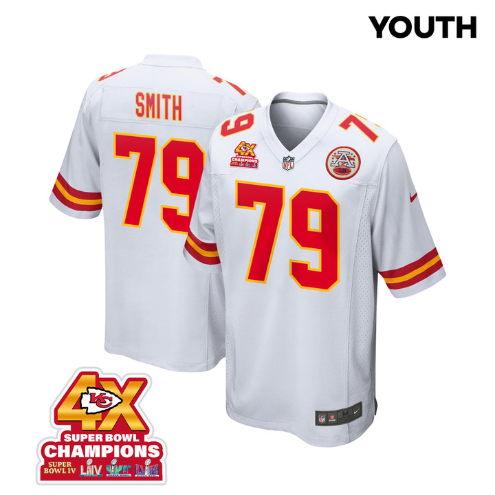 Donovan Smith 79 Kansas City Chiefs Super Bowl LVIII Champions 4X Game YOUTH Jersey - White