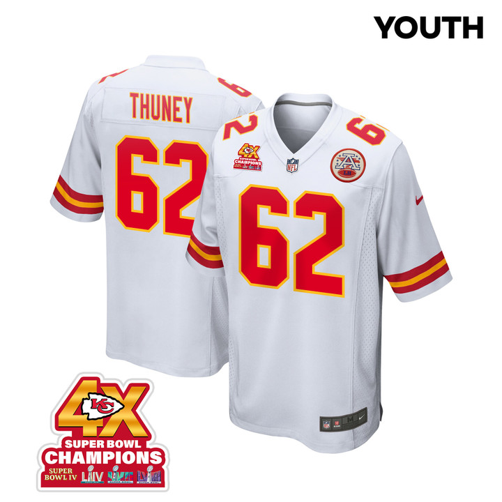 Joe Thuney 62 Kansas City Chiefs Super Bowl LVIII Champions 4X Game YOUTH Jersey - White
