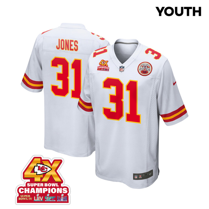 Nic Jones 31 Kansas City Chiefs Super Bowl LVIII Champions 4X Game YOUTH Jersey - White