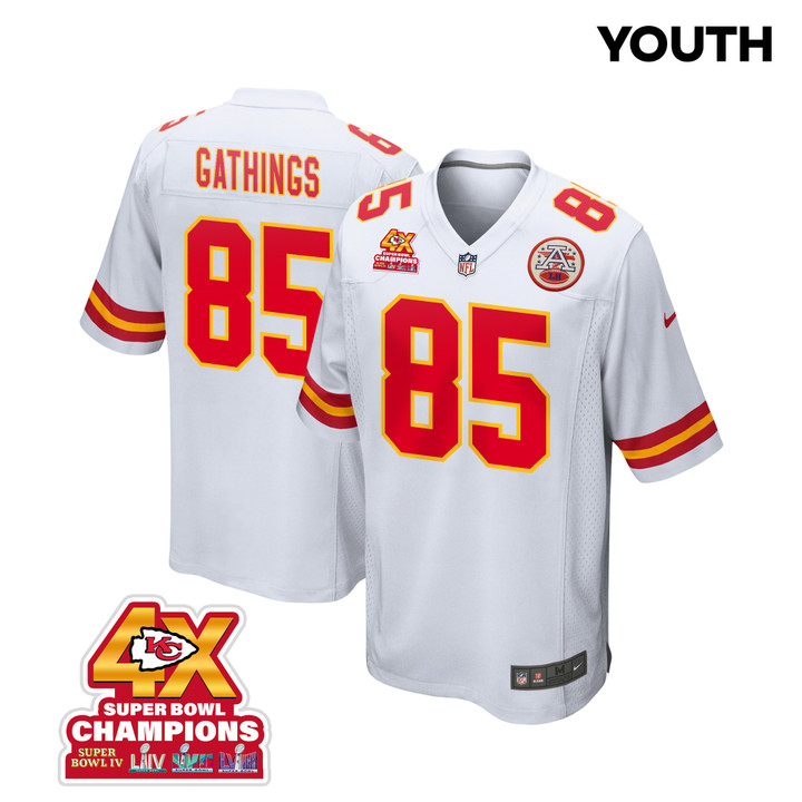 Izaiah Gathings 85 Kansas City Chiefs Super Bowl LVIII Champions 4X Game YOUTH Jersey - White