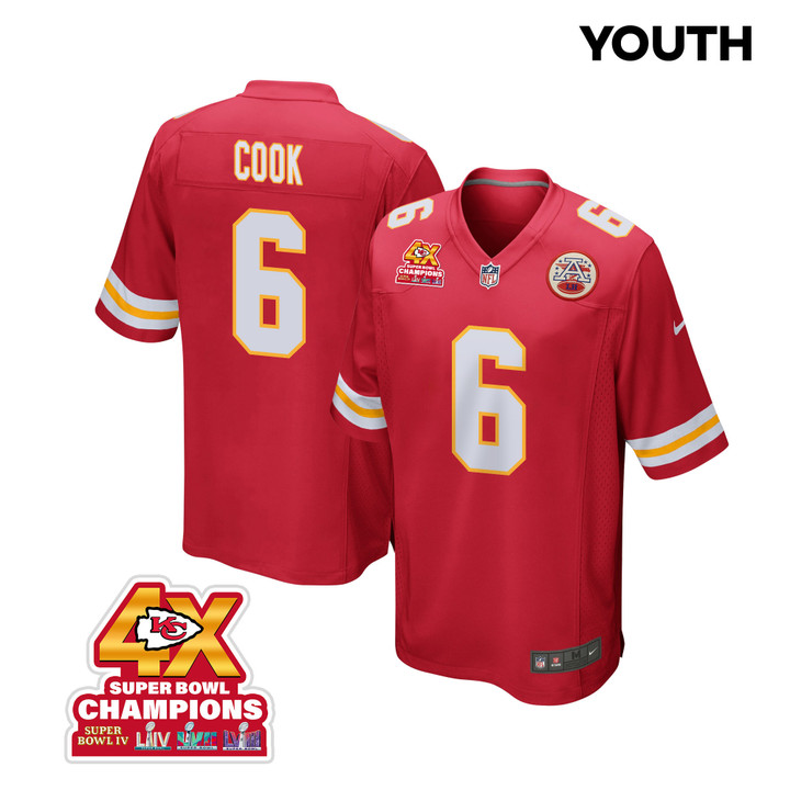 Bryan Cook 6 Kansas City Chiefs Super Bowl LVIII Champions 4X Game YOUTH Jersey - Red
