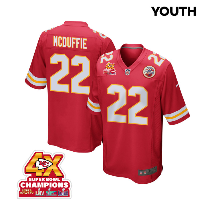 Trent McDuffie 22 Kansas City Chiefs Super Bowl LVIII Champions 4X Game YOUTH Jersey - Red