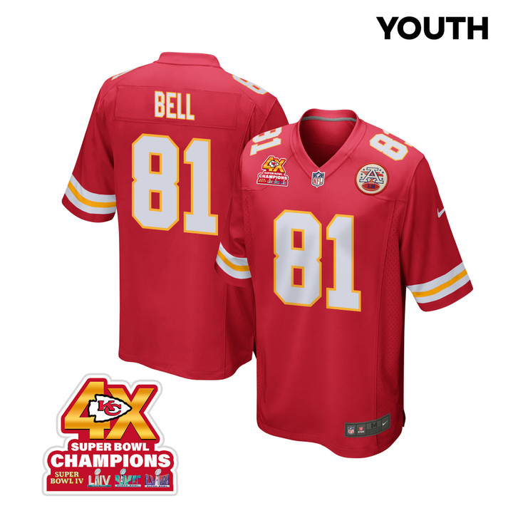 Blake Bell 81 Kansas City Chiefs Super Bowl LVIII Champions 4X Game YOUTH Jersey - Red