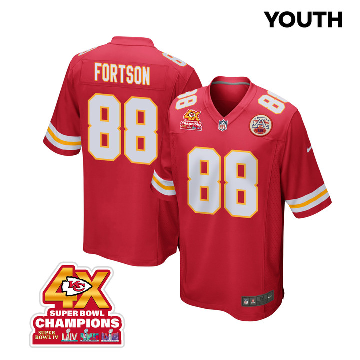 Jody Fortson 88 Kansas City Chiefs Super Bowl LVIII Champions 4X Game YOUTH Jersey - Red