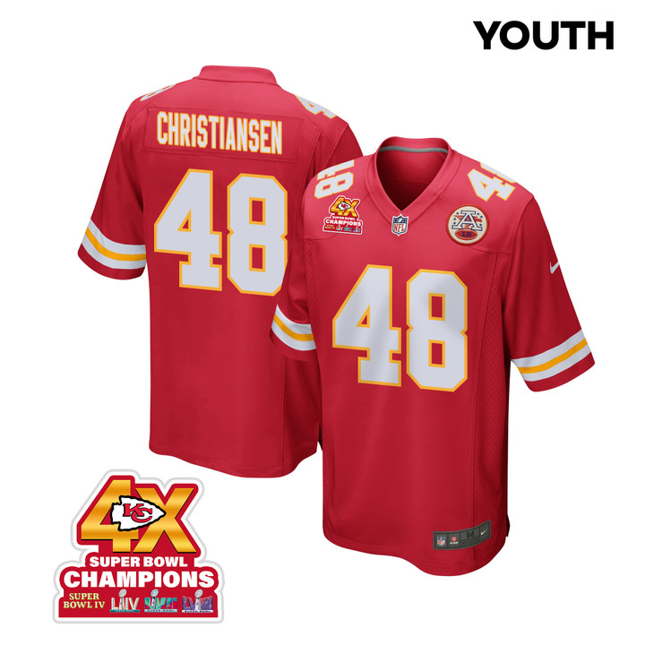 Cole Christiansen 48 Kansas City Chiefs Super Bowl LVIII Champions 4X Game YOUTH Jersey - Red