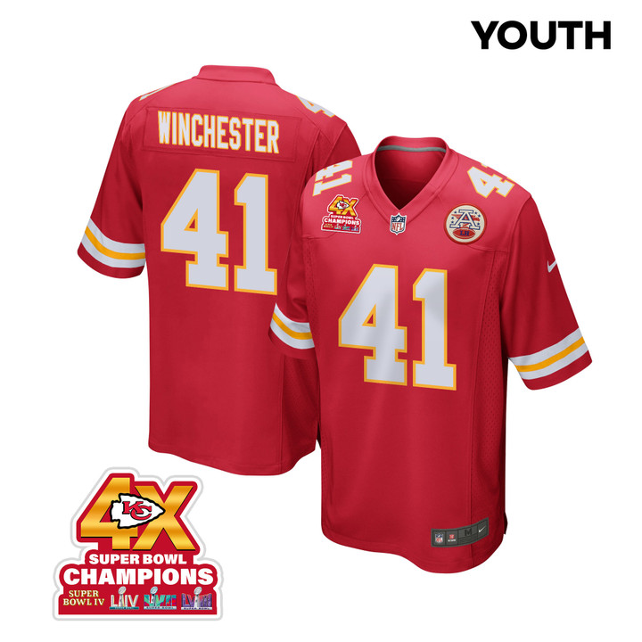 James Winchester 41 Kansas City Chiefs Super Bowl LVIII Champions 4X Game YOUTH Jersey - Red