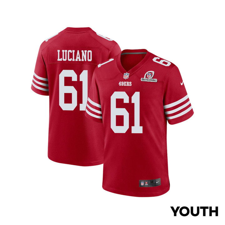 Corey Luciano 61 San Francisco 49ers 2024 Divisional Patch Game YOUTH Jersey - Scarlet