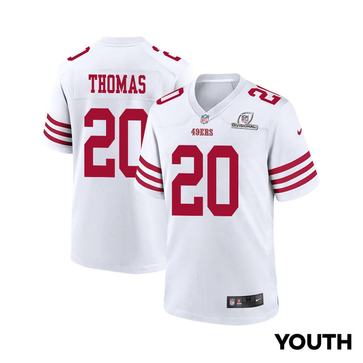 Ambry Thomas 20 San Francisco 49ers 2024 Divisional Patch Game YOUTH Jersey - White