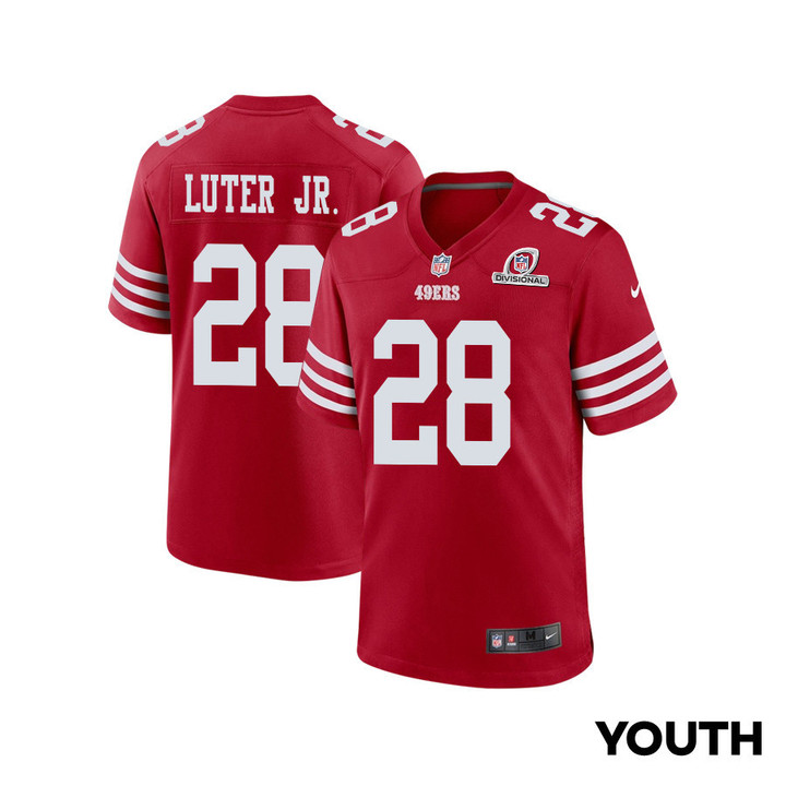Darrell Luter Jr. 28 San Francisco 49ers 2024 Divisional Patch Game YOUTH Jersey - Scarlet