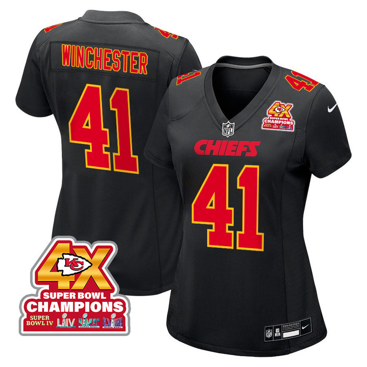 James Winchester 41 Kansas City Chiefs Super Bowl LVIII Champions 4X Fashion Game Women Jersey - Carbon Black