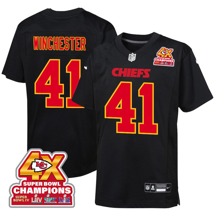 James Winchester 41 Kansas City Chiefs Super Bowl LVIII Champions 4X Fashion Game YOUTH Jersey - Carbon Black