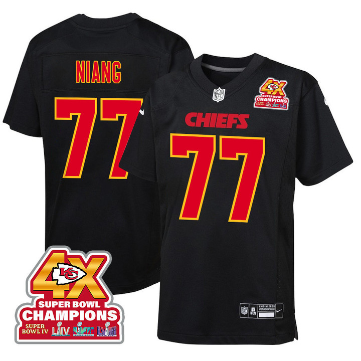 Lucas Niang 77 Kansas City Chiefs Super Bowl LVIII Champions 4X Fashion Game YOUTH Jersey - Carbon Black