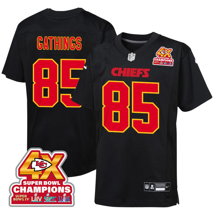 Izaiah Gathings 85 Kansas City Chiefs Super Bowl LVIII Champions 4X Fashion Game YOUTH Jersey - Carbon Black