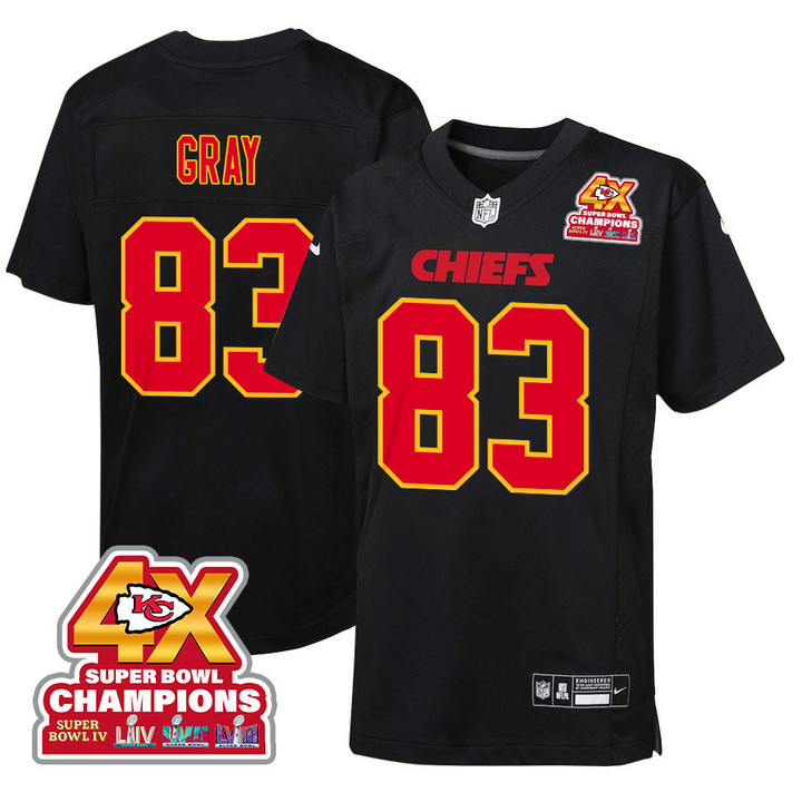 Noah Gray 83 Kansas City Chiefs Super Bowl LVIII Champions 4X Fashion Game YOUTH Jersey - Carbon Black