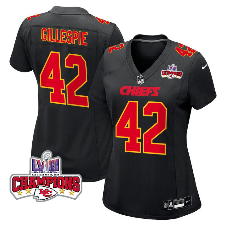 Tyree Gillespie 42 Kansas City Chiefs Super Bowl LVIII Champions 4 Stars Patch Fashion Game Women Jersey - Carbon Black