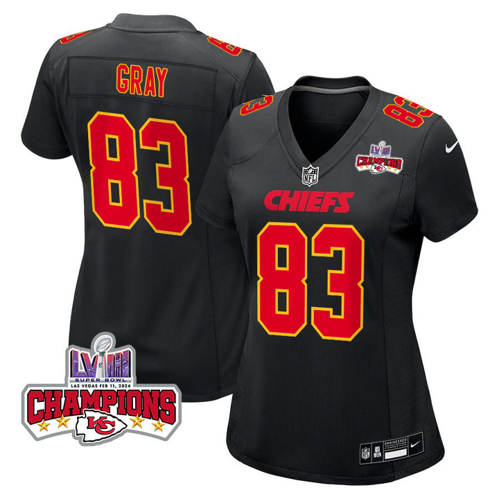 Noah Gray 83 Kansas City Chiefs Super Bowl LVIII Champions 4 Stars Patch Fashion Game Women Jersey - Carbon Black