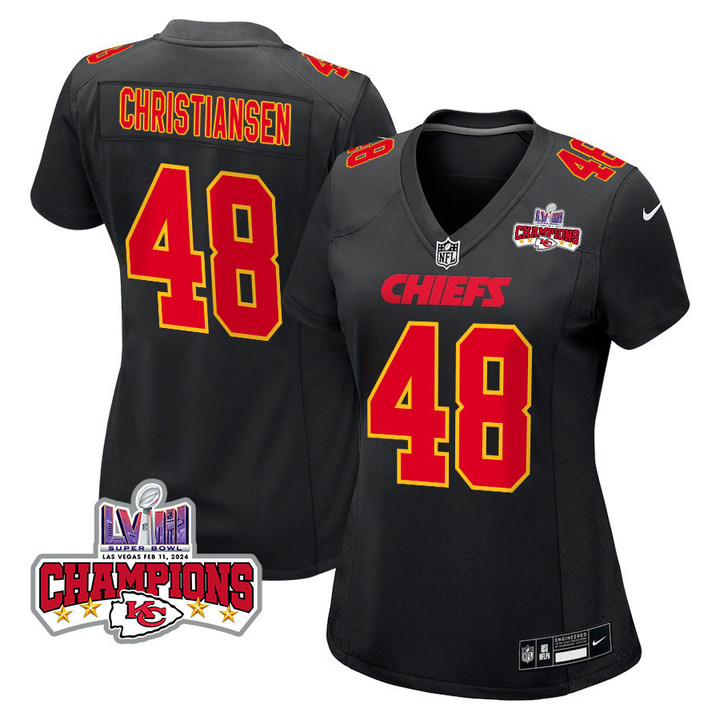 Cole Christiansen 48 Kansas City Chiefs Super Bowl LVIII Champions 4 Stars Patch Fashion Game Women Jersey - Carbon Black