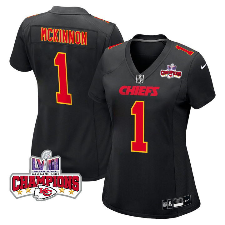 Jerick McKinnon 1 Kansas City Chiefs Super Bowl LVIII Champions 4 Stars Patch Fashion Game Women Jersey - Carbon Black