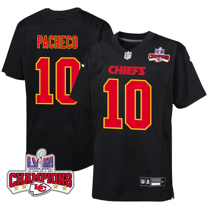 Isiah Pacheco 10 Kansas City Chiefs Super Bowl LVIII Champions 4 Stars Patch Fashion Game YOUTH Jersey - Carbon Black