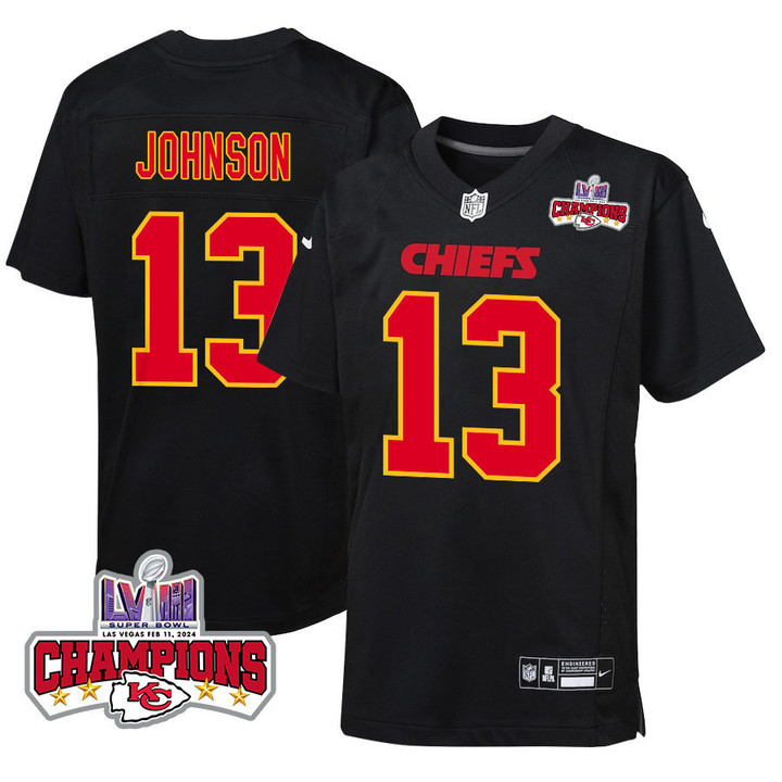 Nazeeh Johnson 13 Kansas City Chiefs Super Bowl LVIII Champions 4 Stars Patch Fashion Game YOUTH Jersey - Carbon Black