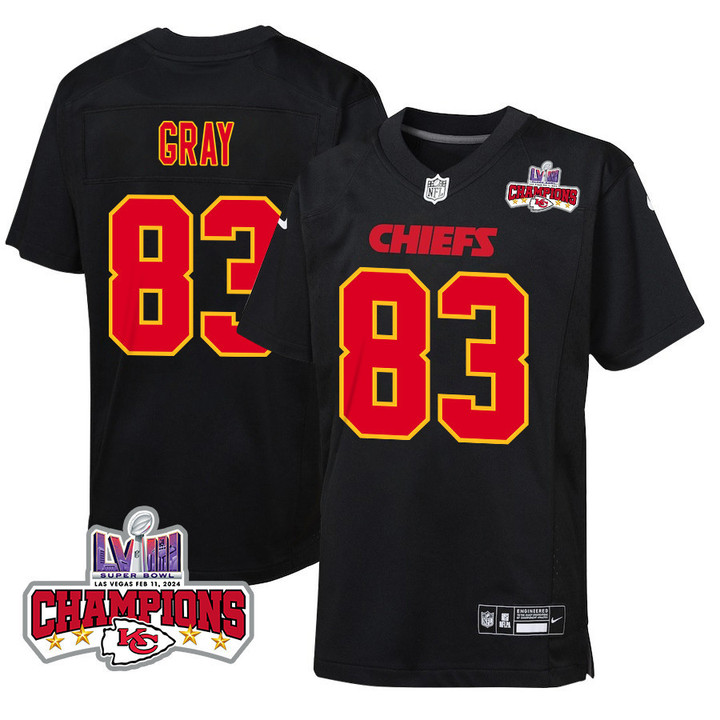 Noah Gray 83 Kansas City Chiefs Super Bowl LVIII Champions 4 Stars Patch Fashion Game YOUTH Jersey - Carbon Black