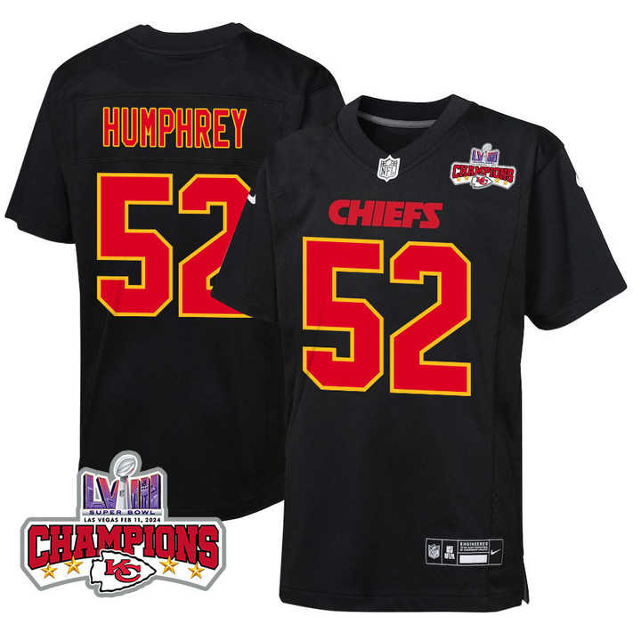 Creed Humphrey 52 Kansas City Chiefs Super Bowl LVIII Champions 4 Stars Patch Fashion Game YOUTH Jersey - Carbon Black