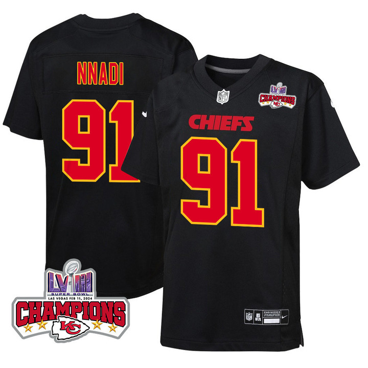 Derrick Nnadi 91 Kansas City Chiefs Super Bowl LVIII Champions 4 Stars Patch Fashion Game YOUTH Jersey - Carbon Black