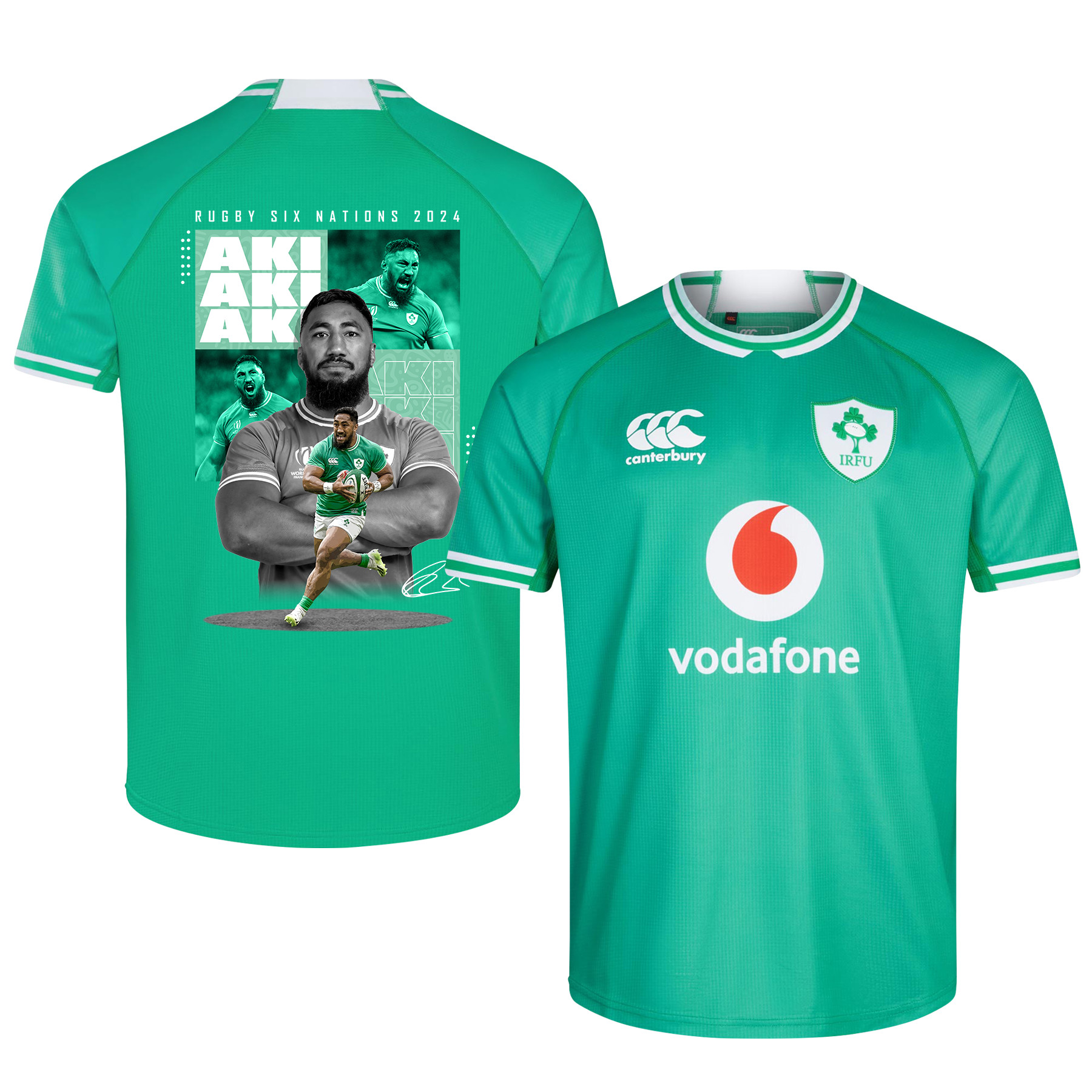 Bundee Aki Ireland Rugby Six Nations Rb IRFU 2023/24 Home Jersey - Gre ...