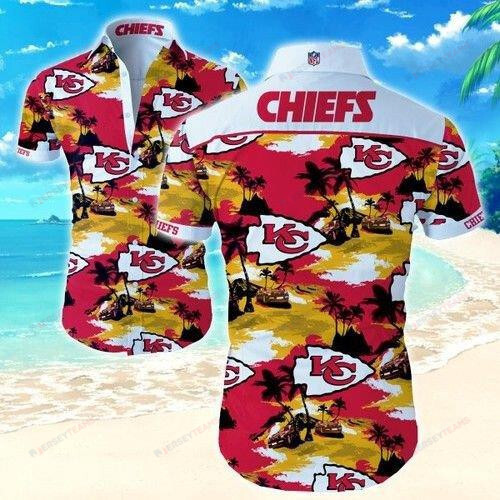 Kansas City Chiefs Curved Hawaiian Shirt In Red Yellow Pattern