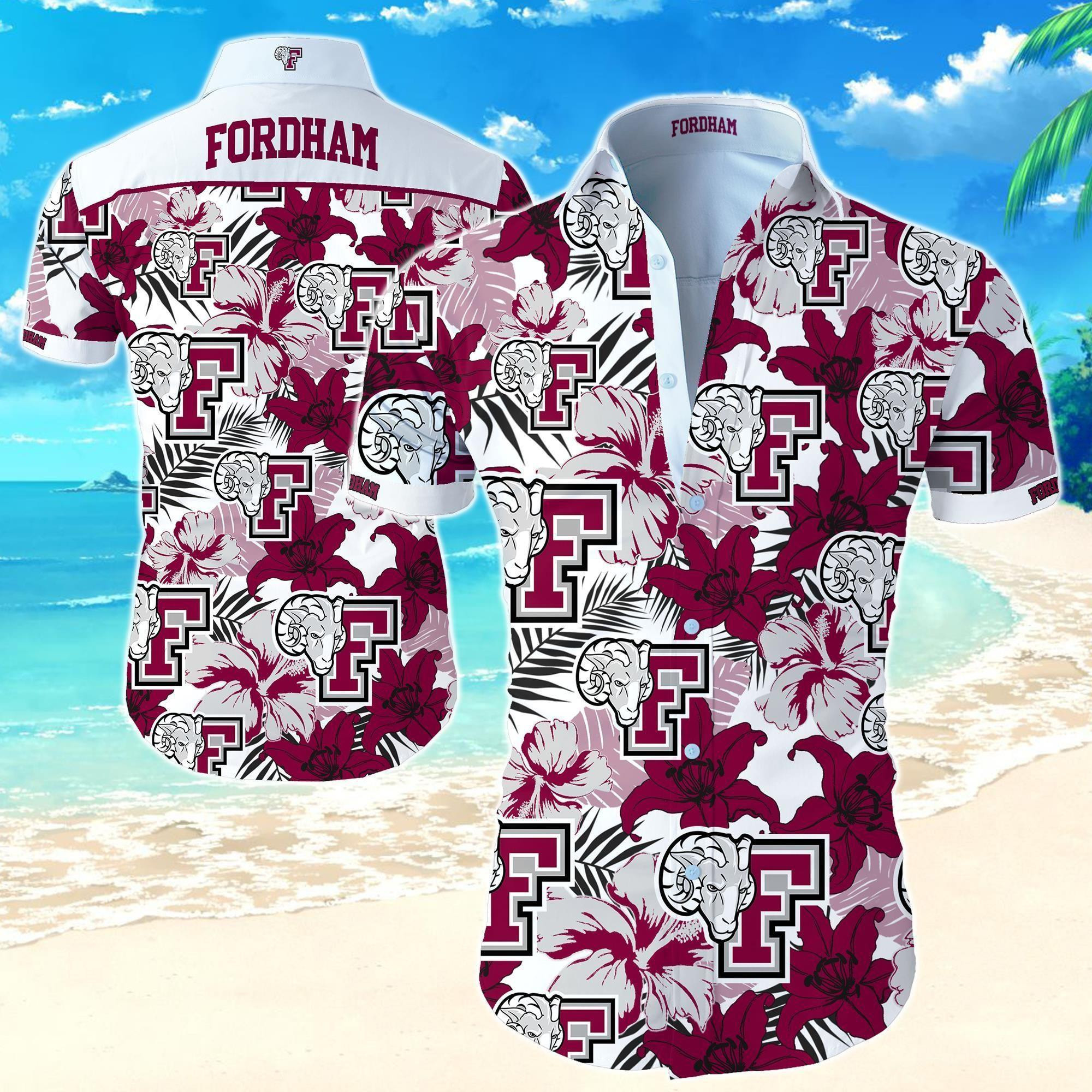 Fordham Rams White Flower Pattern Curved Hawaiian Shirt