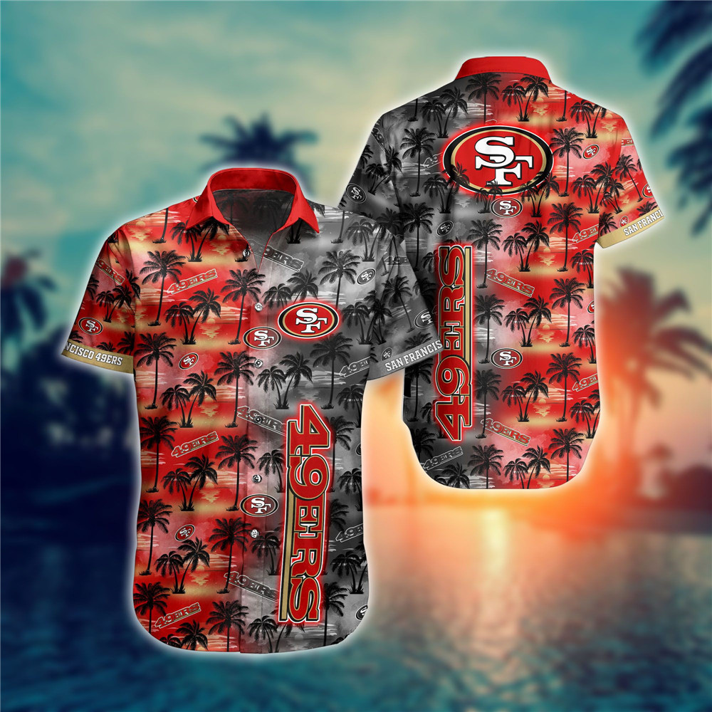 San Francisco 49Ers Coconut Tree Pattern Curved Hawaiian Shirt In Red & Black