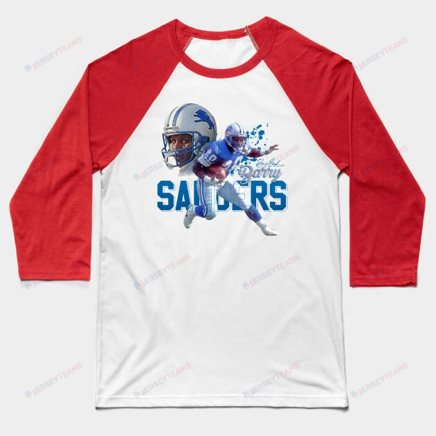 Barry Sanders Detroit Lions Raglan Three-Quarter Sleeve Baseball T-Shirt - White/Red