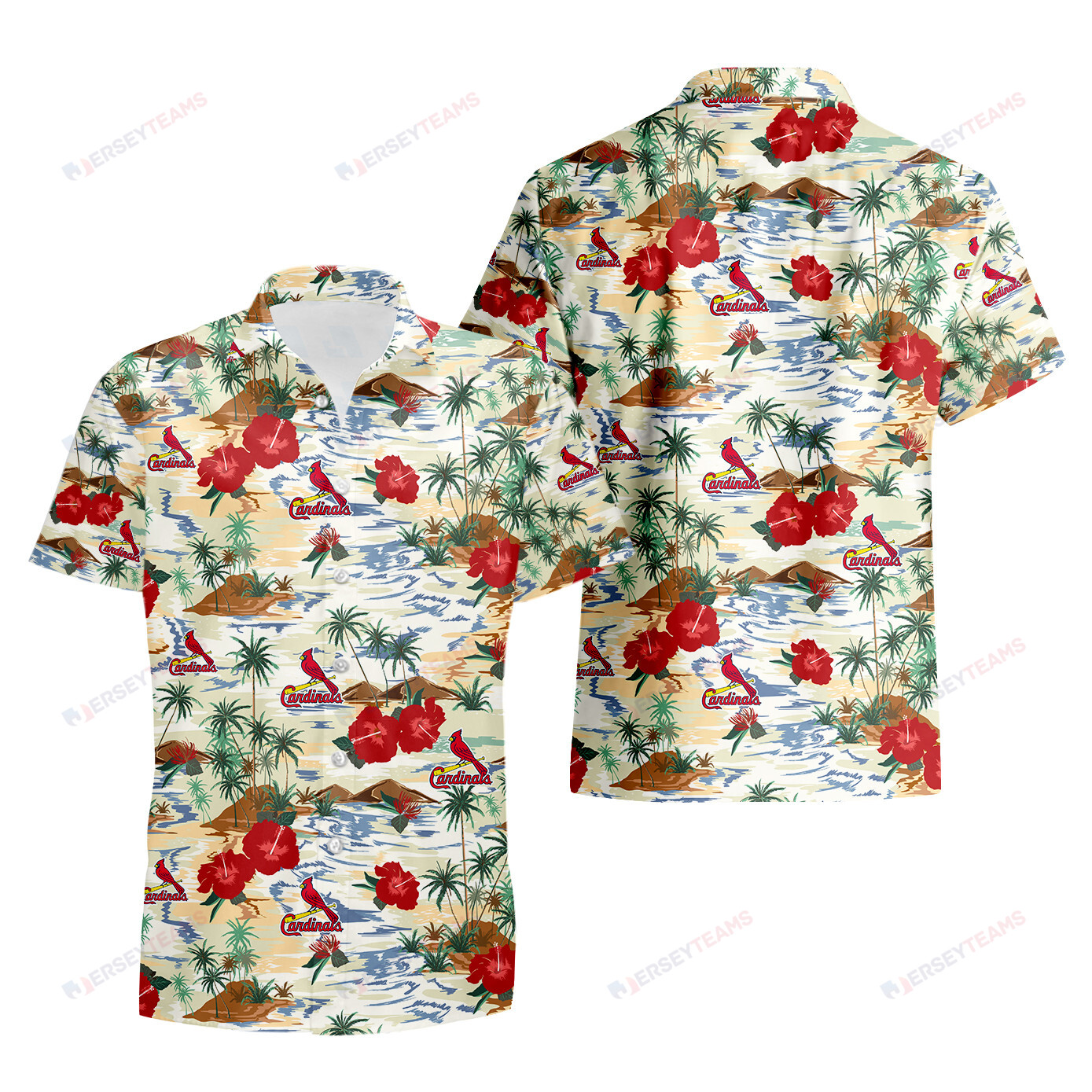 St. Louis Cardinals Coconut Tree Hibiscus 3D Printed Hawaiian Shirt - Cream