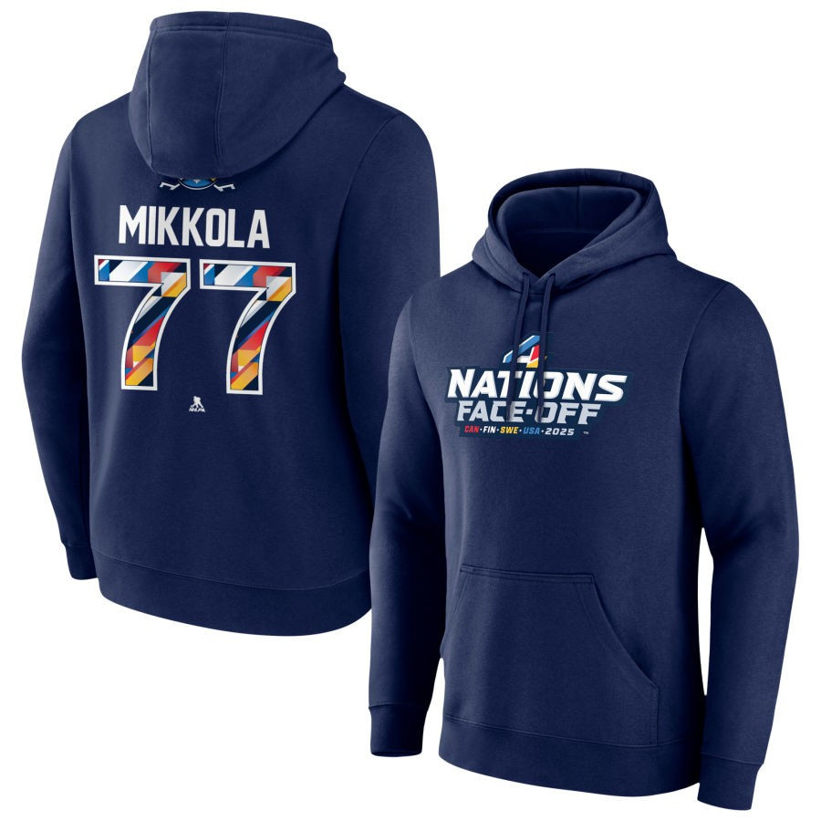 Niko Mikkola 77 Four Nations Face-Off 2025 Pullover Hoodie - Navy