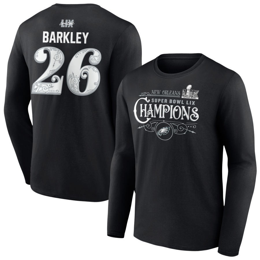 Saquon Barkley 26 Philadelphia Eagles Super Bowl LIX Champions Long Sleeve T-Shirt - Black